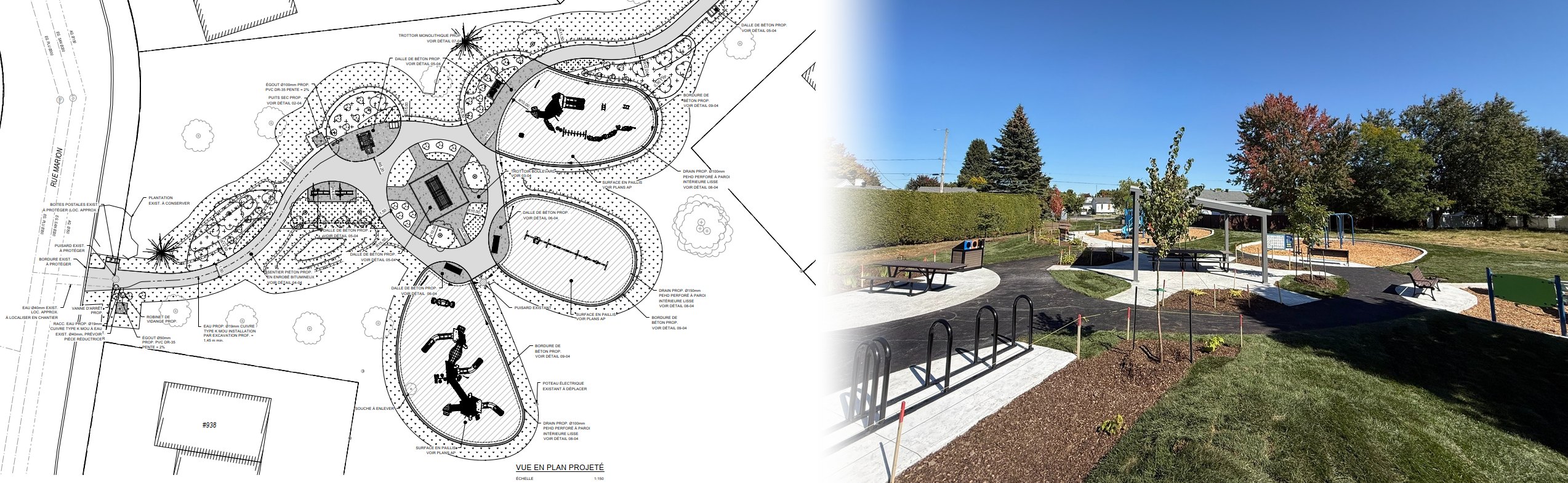Plan d’aménagement d’un des trois parcs de L’Assomption, puis le parc réalisé